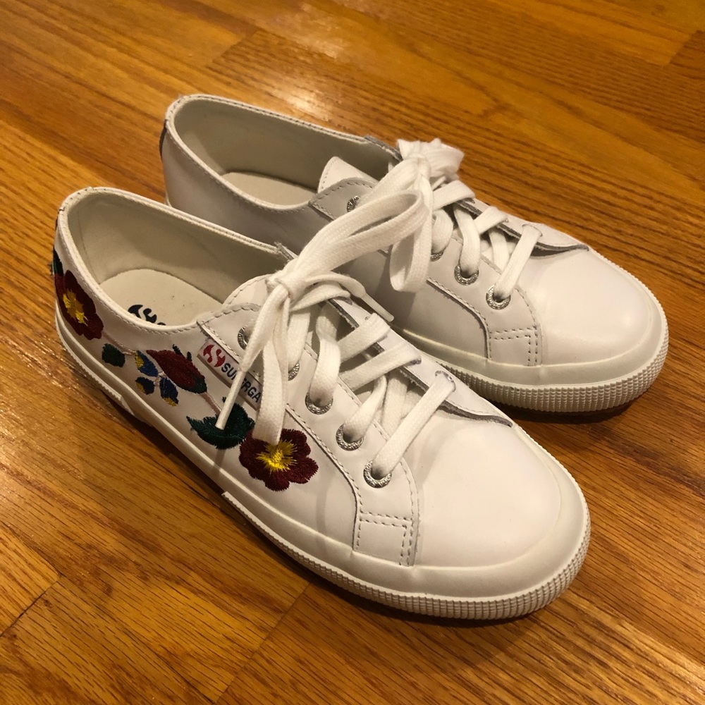 NEW Superga White Embroidered Leather Tennis Shoes